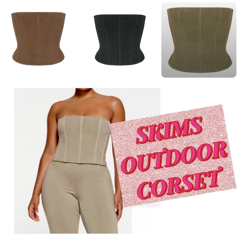 SKIMS Corset in Cocoa, Army, Stone and Washed Onyx